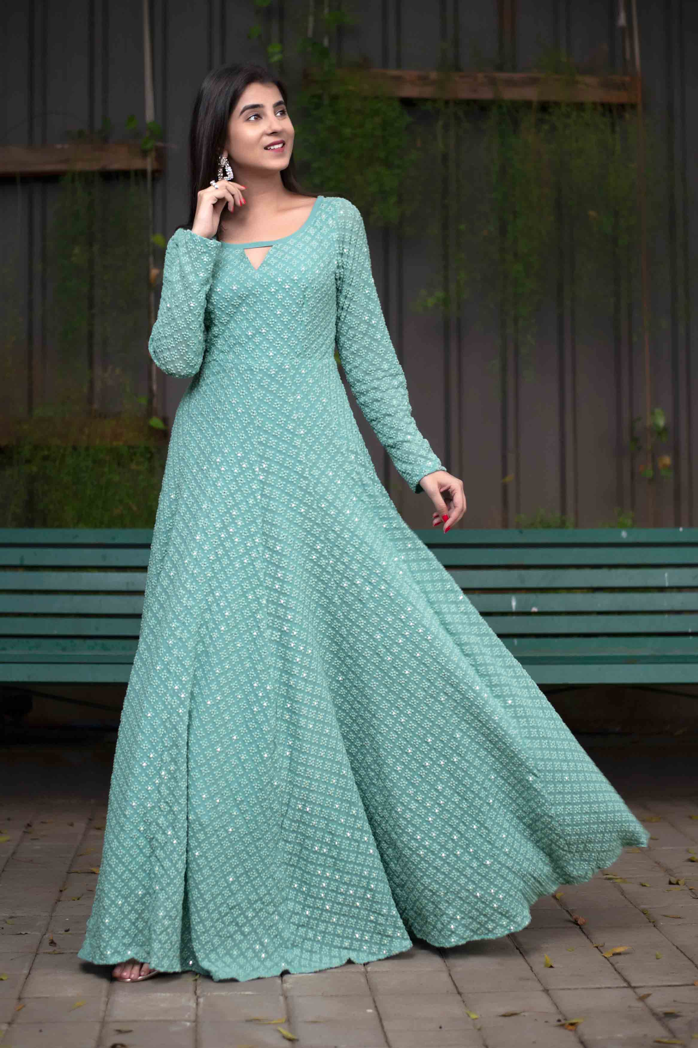 FANCY ART SILK THREAD EMBROIDERY WORK GOWN WITH JAQUARD PRINTED DUPATTA SEA  GREEN – TextileGarment.Store